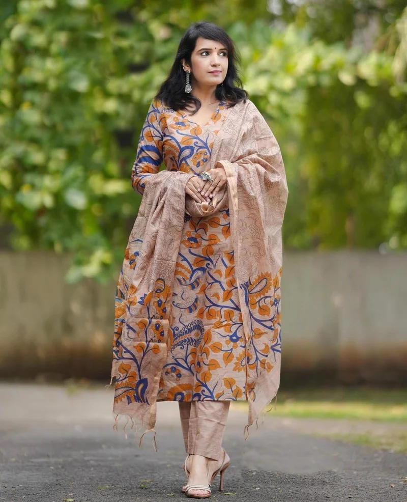 GoSriKi  GoSriKi Women's Rayon Blend Printed Straight Kurta with Pant & Dupatta (Kalam Chiku-GS_3XL_Beige_XXX-Large) for Women | Best Price UAE